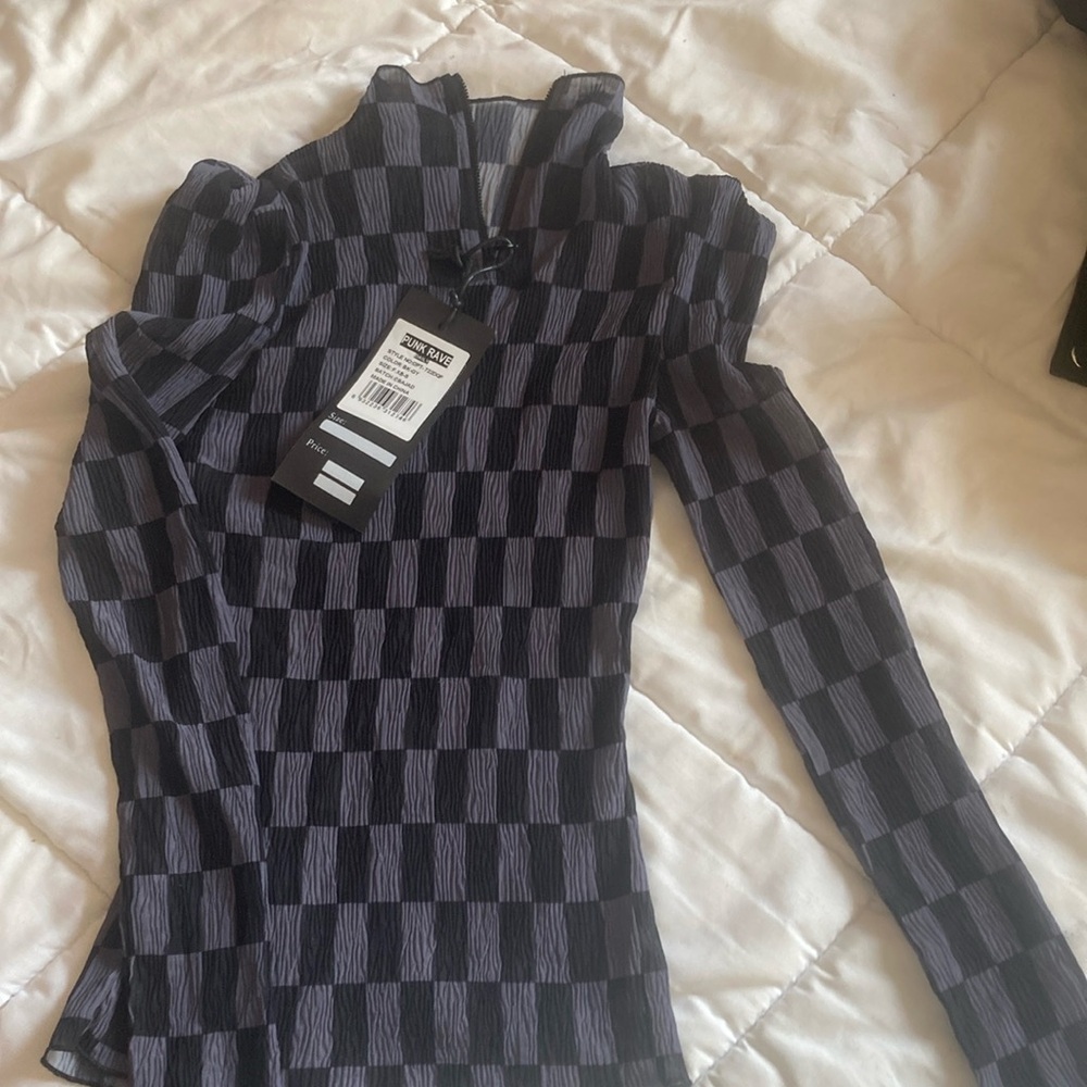 NastyGal Punk Rave XS-S sheer black and grey checkered top - new with tags